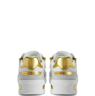 Giuseppe Zanotti Round Toe Leather Sneakers Featuring Gold Accents In White