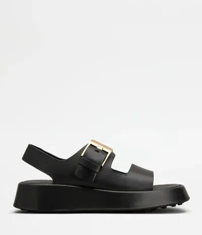 Tod's Leather Sandals With Double Strap And Maxi Buckle In Black
