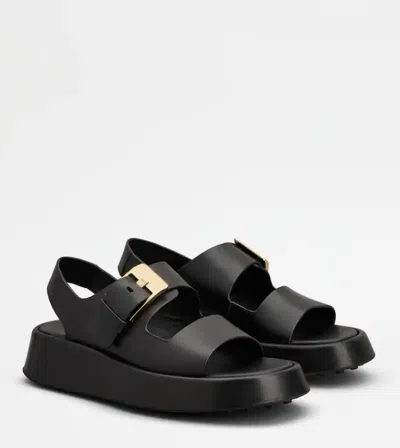 Tod's Leather Sandals With Double Strap And Maxi Buckle In Black