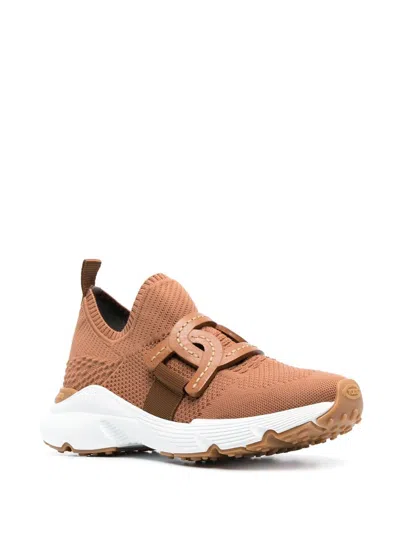 Tod's Modern Knitted Sneakers With Textured Finish In Brown