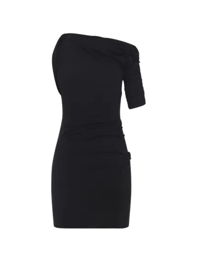 Jacquemus Asymmetrical One-shoulder Bodycon Mini Dress With Ruched Sleeve In Black