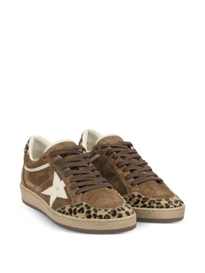 Golden Goose Sneaker Ballstar Low Top With Star Patch With Glitter And Animalier Print In Brown Suede For Women
