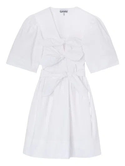 Ganni Organic Cotton Dress Bow Cut Out Design In White
