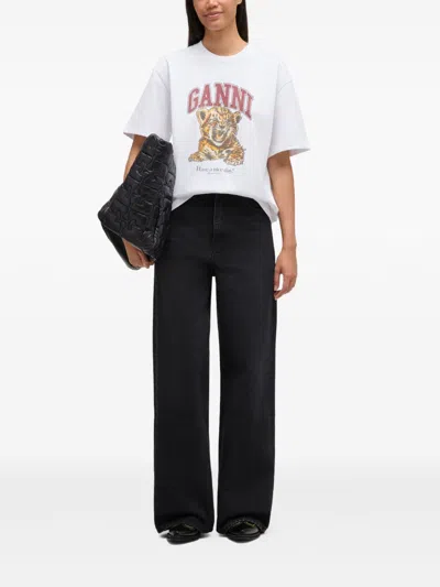 Ganni Womens Bright White Tiger-print Round-neck Cotton-jersey T-shirt Xl