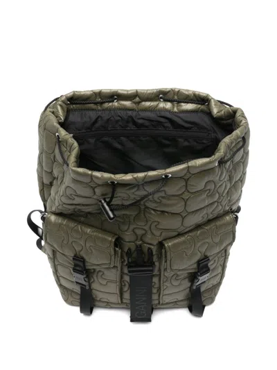 Ganni Nylon Backpack Quilt Pattern Top Handle In Green