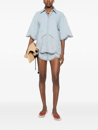 Zimmermann Daylight Scalloped Broderie Anglaise Denim Shorts In Blue