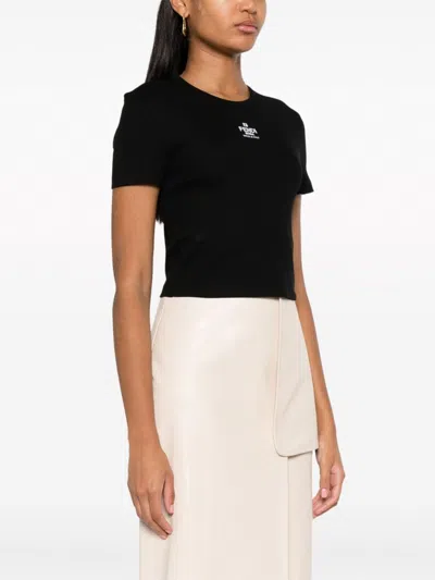 Fendi Women T-shirt A Coste Cropped Con Dettaglio Logo In Cotone Stretch Nero Donna In Black