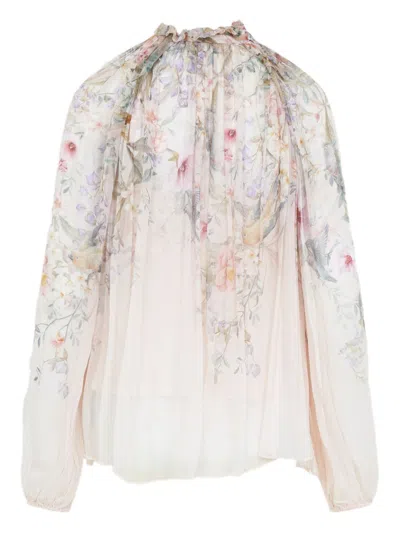 Zimmermann 'rebellion' Multicolor Blouse With Bow Detail On The Front And All-over Floral Motif In Viscose Woma