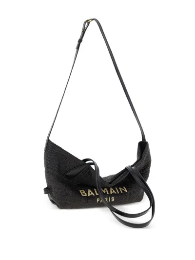 Balmain Women Calfskin And Raffia Track Shoulder Bag In Gray