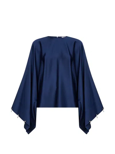 Stella Mccartney Navy Blue Envers Satin Pearl And Crystal-embellished Blouse In Blue