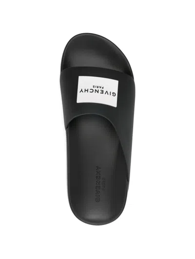 Givenchy Black Sandals With Wide Band And Contrasting Logo Patch In Rubber Man