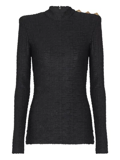 Balmain Ls Bouclette Monogram-pattern Button Top In Black