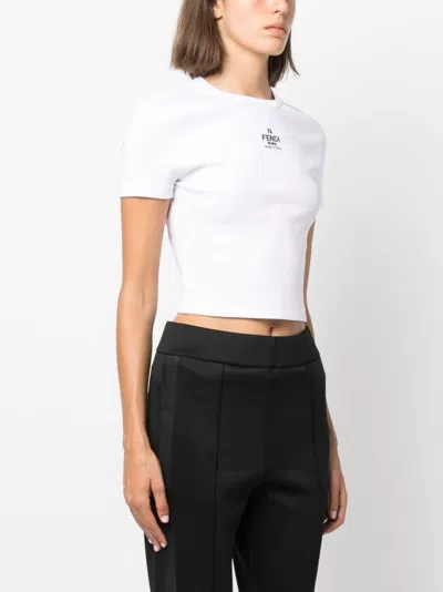 Fendi Women White Ribbed Crop T-shirt With Logo Embroidery In Cotton Woman
