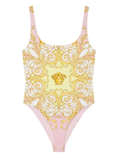 Versace Multicolor One-piece Swimsuit With All-over Medusa Print In Stretch Fabric Woman In Gold
