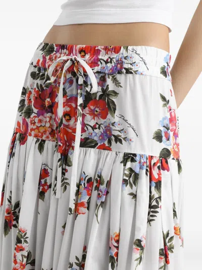 Dolce & Gabbana White Long Skirt With Floral Print And Elasticated Waistband In Cotton Woman In White