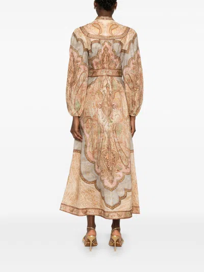 Zimmermann Wanderlust Multicolor Long Dress With V Neck And All-over Paisley Motif In Linen Woman
