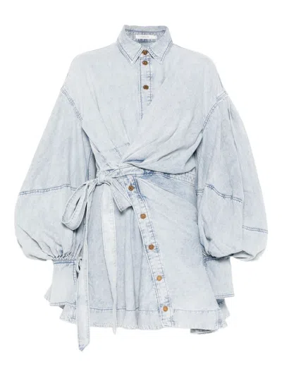 Zimmermann Rebellion Gathered Denim Mini Wrap Dress In Blue