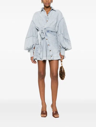 Zimmermann Rebellion Gathered Denim Mini Wrap Dress In Blue