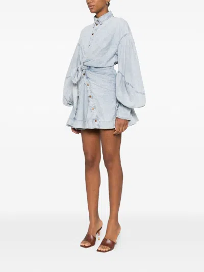 Zimmermann Rebellion Gathered Denim Mini Wrap Dress In Blue