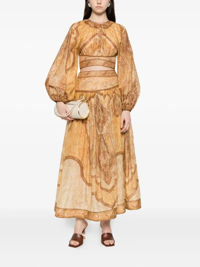 Zimmermann Wanderlust Multicolor Cropped Top With Puffed Long Sleeves And All-over Paisley Motif In Cotton Blen In Gold