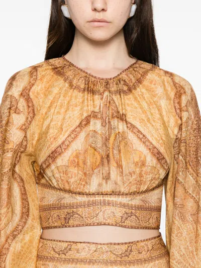 Zimmermann Wanderlust Multicolor Cropped Top With Puffed Long Sleeves And All-over Paisley Motif In Cotton Blen In Gold