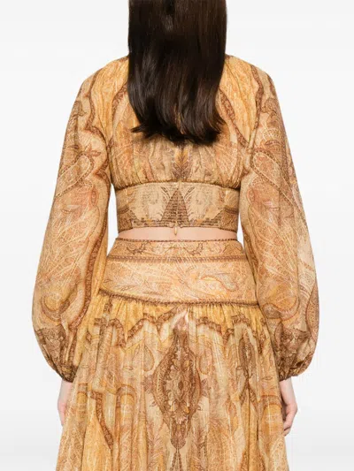 Zimmermann Wanderlust Multicolor Cropped Top With Puffed Long Sleeves And All-over Paisley Motif In Cotton Blen In Gold