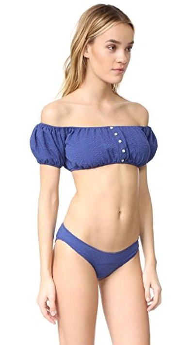 Shop Lisa Marie Fernandez Leandra Button Down Bikini In Faded Navy Seersucker