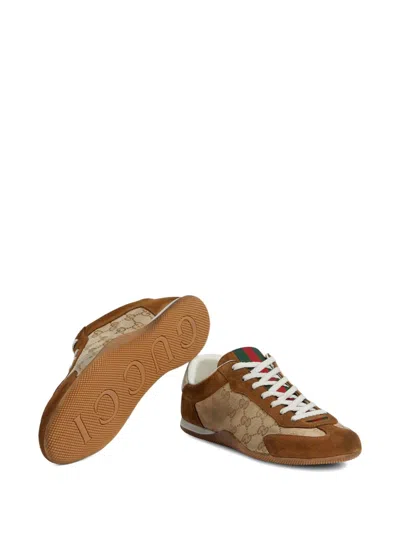 Gucci Shift Suede Sneakers With Gg Supreme Fabric Inserts In Brown