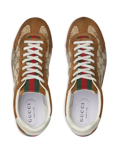 Gucci Shift Suede Sneakers With Gg Supreme Fabric Inserts In Brown