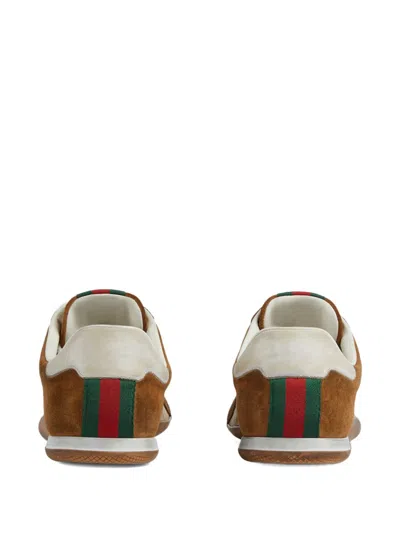 Gucci Shift Suede Sneakers With Gg Supreme Fabric Inserts In Brown