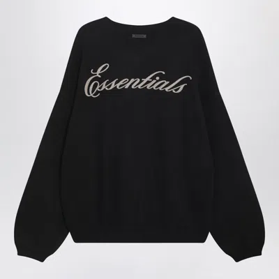 Essentials Black Holiday Embroidered Merino Crewneck Sweater In Black