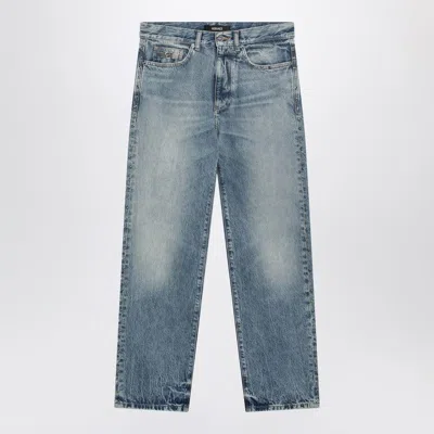 Versace Blue Washed-effect Jeans With Small Studs In Blue
