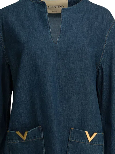 Valentino Vlogo Signature Denim Dress Three Quarter Sleeves In Blue
