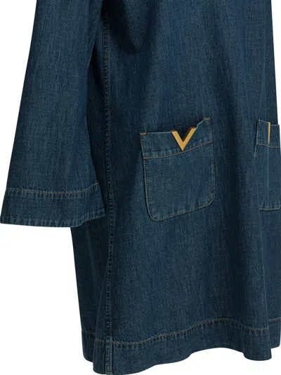 Valentino Vlogo Signature Denim Dress Three Quarter Sleeves In Blue