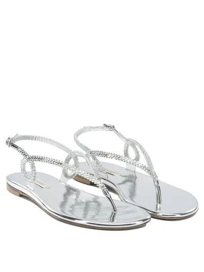 Casadei Silver Calf Leather Bos Taurus Flat Sandals In Gray