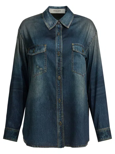 Golden Goose Deluxe Brand Women Oversized Shirt With Denim Print In Blue