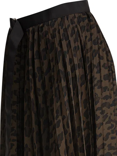 Sacai Pleated High-waisted Animal Print Midi Skirt In Brown
