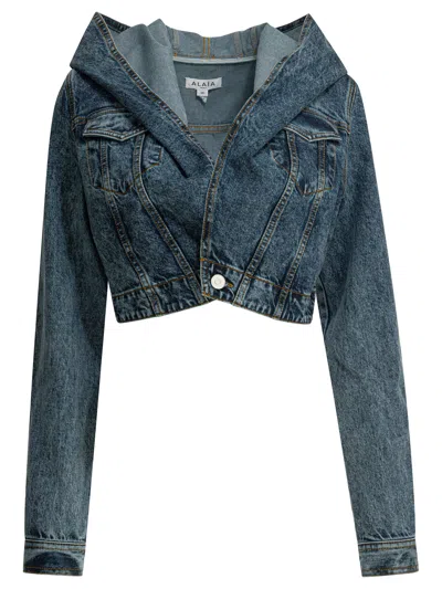 Alaïa Denim Jacket With Hood Jackets And Coats Light Blue In Blue