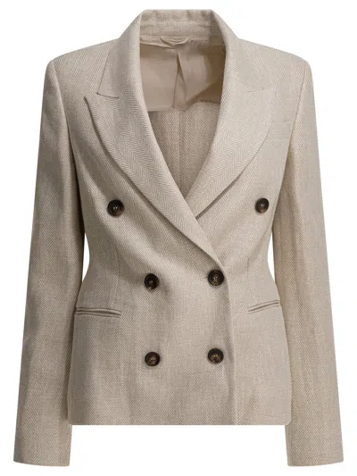 Brunello Cucinelli Women Double-breasted Jacket In Linen And Cotton With Chevron Pattern In Brown