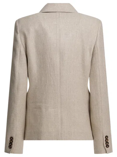 Brunello Cucinelli Women Double-breasted Jacket In Linen And Cotton With Chevron Pattern In Brown