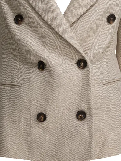 Brunello Cucinelli Women Double-breasted Jacket In Linen And Cotton With Chevron Pattern In Brown