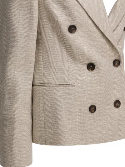 Brunello Cucinelli Women Double-breasted Jacket In Linen And Cotton With Chevron Pattern In Brown
