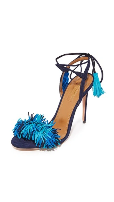 Aquazzura Wild Thing流苏缀饰绒面真皮高跟凉鞋 In Blue