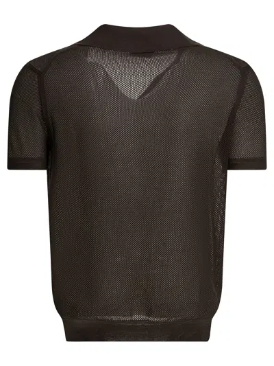 Tom Ford Mens Chocolate Open-collar Mesh Cotton And Silk-blend Polo Top In Brown