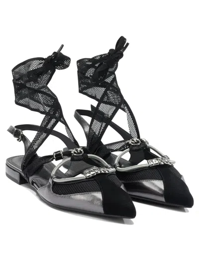 Pinko Gianira Black Ballerinas With Pointed Toe And Decorative Ankle Band In Leather And Fabric Blend Woma