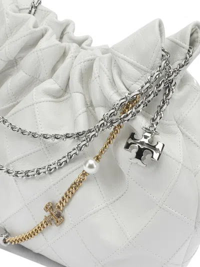 Tory Burch Mini Fleming Soft Distressed Drawstring Bag In White