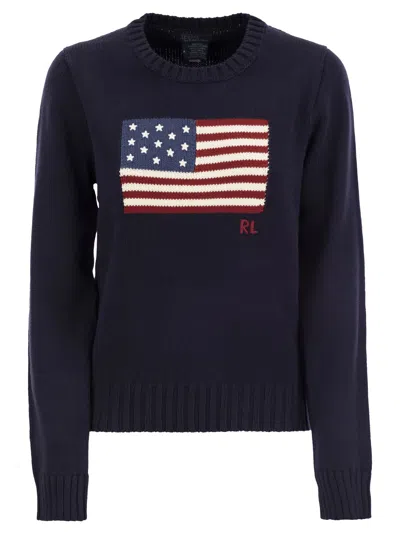 Polo Ralph Lauren Flag Cotton Crewneck Sweater Woman Sweater Navy Size S Cotton In Hunter Navy Multi