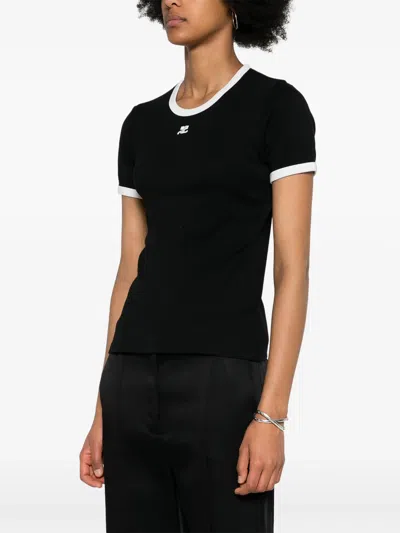 Courrèges Courreges Women Cotton T Shirt With Contrasting Profiles In Black