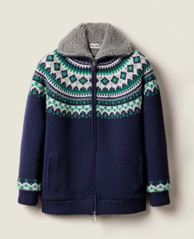 Miu Miu Wool Oversized Cardigan High Collar Patterned In Blue