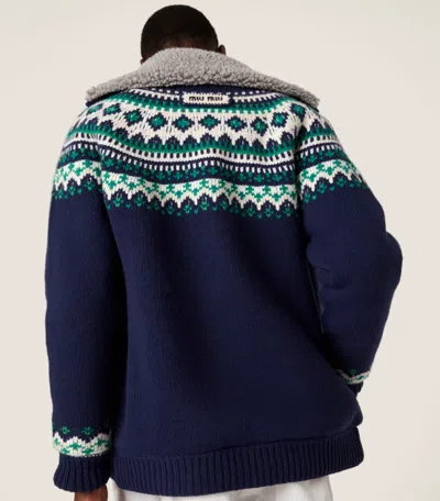Miu Miu Wool Oversized Cardigan High Collar Patterned In Blue